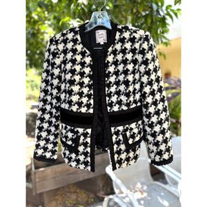 VTG Nanette Lepore Y2K 100% Wool B&W Houndstooth Tweed 3/4 Sleeve Jacket Size 4